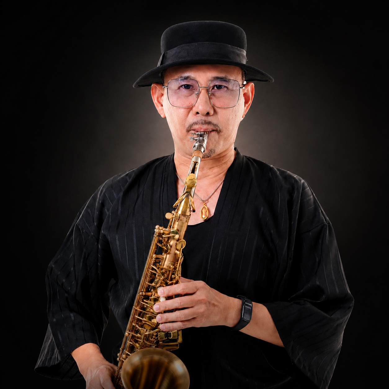 Studio portrait of Sir i Sax with soprano saxophone